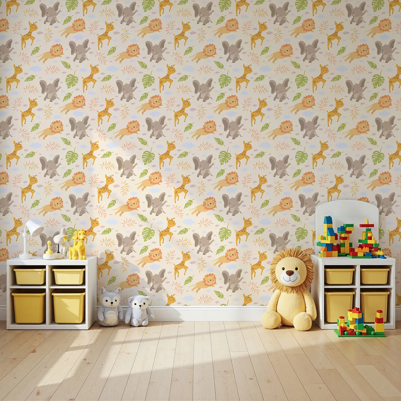 Angled view of Whimsy Tots' Jungle Leaf Pals Wallpaper in Sand (W3186C).Cuddly lions, elephants, and giraffes play beneath leafy skies.