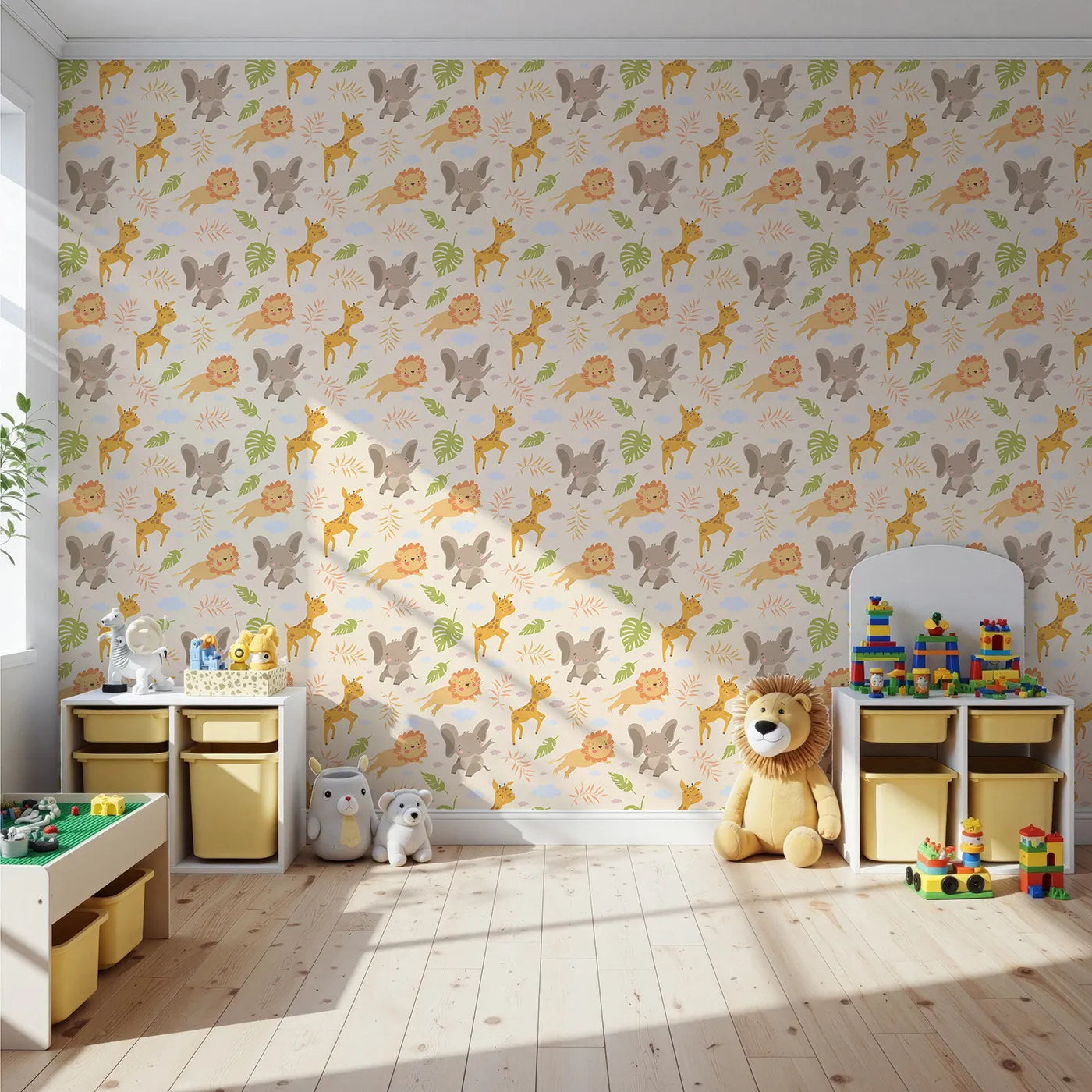 Front view of Whimsy Tots' Jungle Leaf Pals Wallpaper in Sand