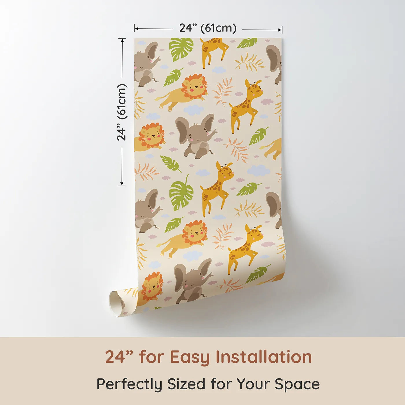 Dimension view of Whimsy Tots Jungle Leaf Pals Wallpaper in Sand (W3186C). Printed in 24-inch-wide panel for easy installation. Cuddly lions, elephants, and giraffes play beneath leafy skies.