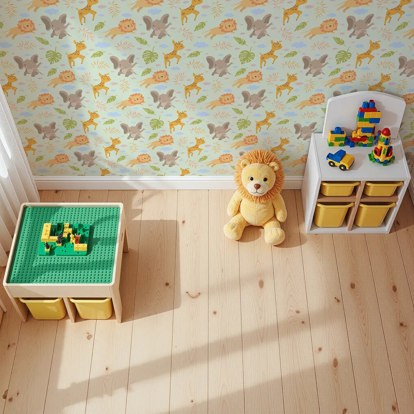 Top-Down view of Whimsy Tots' Jungle Leaf Pals Wallpaper in Mint Green (W3186D).Cuddly lions, elephants, and giraffes play beneath leafy skies.