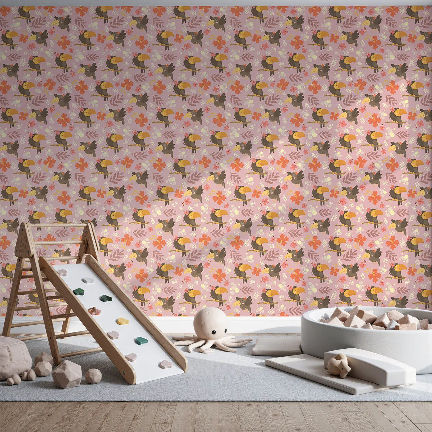 Front view of Whimsy Tots' Tropical Toucan Friends Wallpaper in Pink