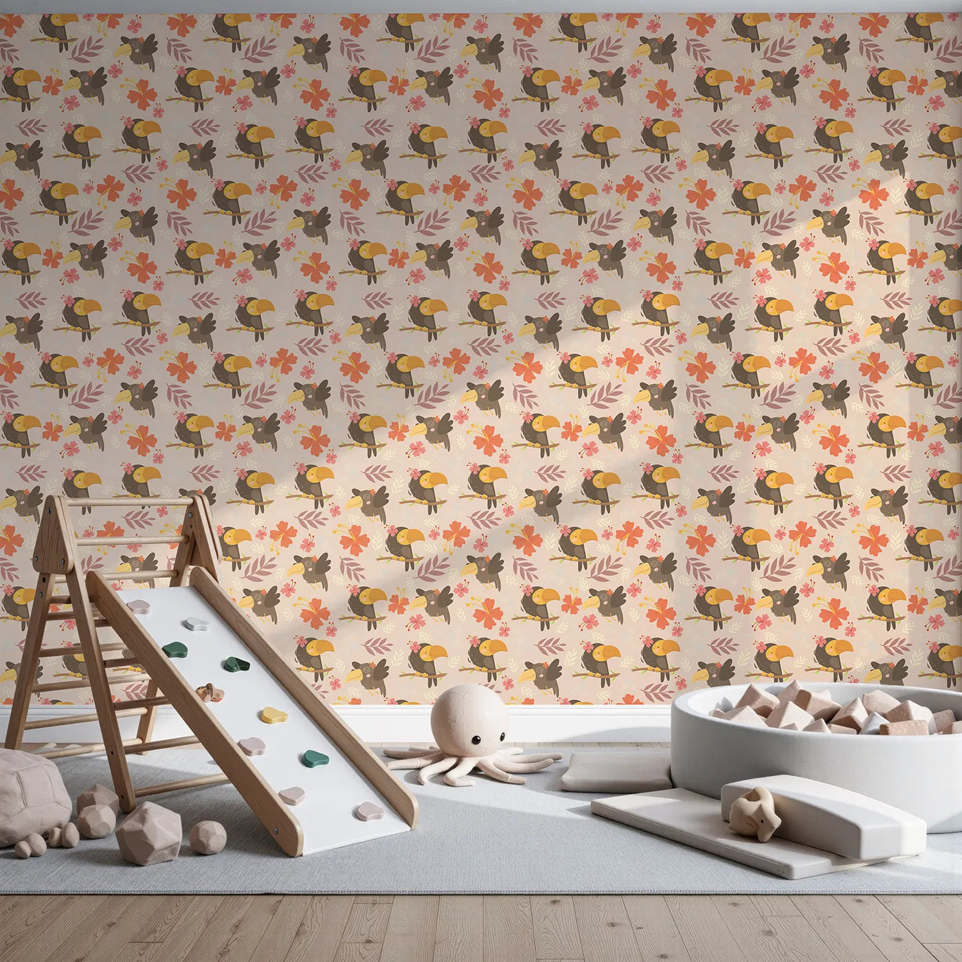 Front view of Whimsy Tots' Tropical Toucan Friends Wallpaper in Cream