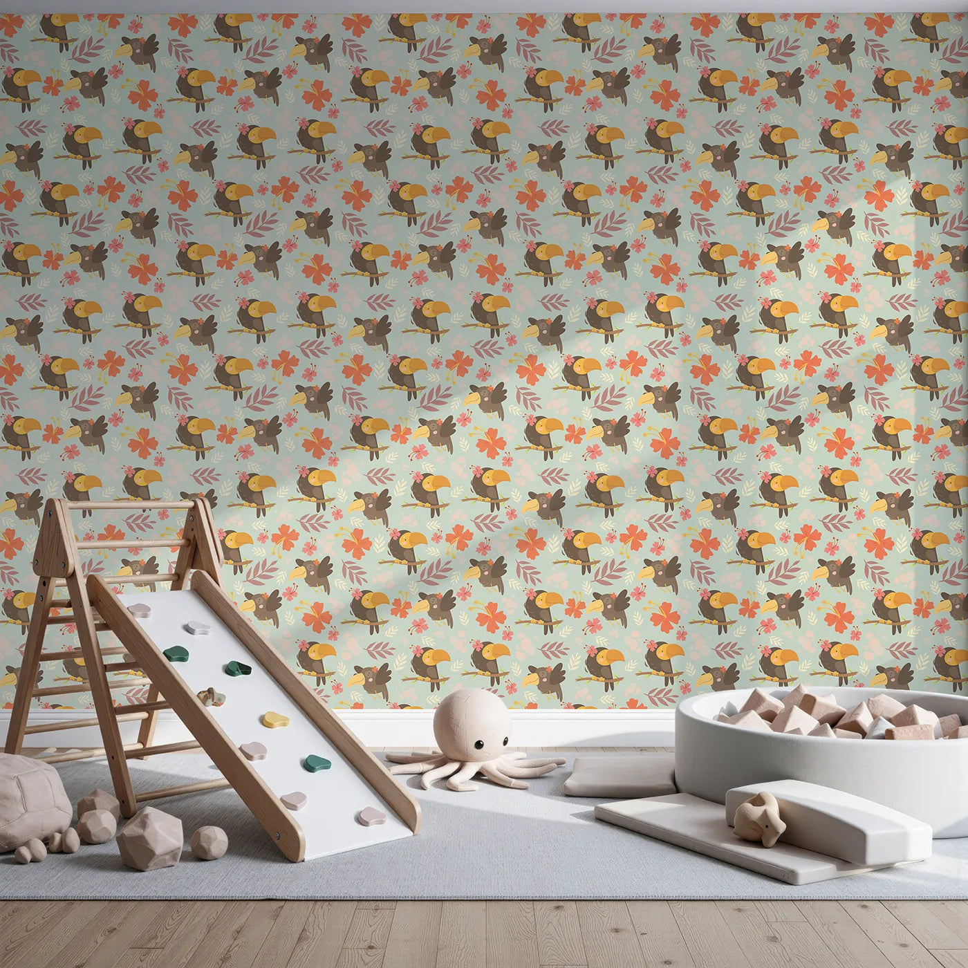 Front view of Whimsy Tots' Tropical Toucan Friends Wallpaper in Mint Green