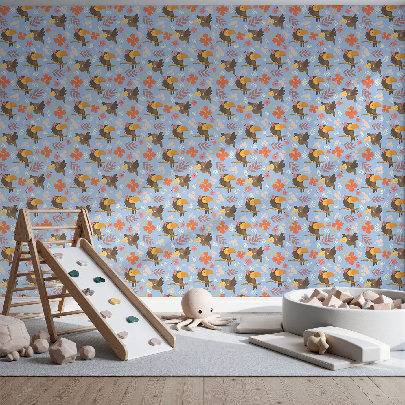 Front view of Whimsy Tots' Tropical Toucan Friends Wallpaper in Blue