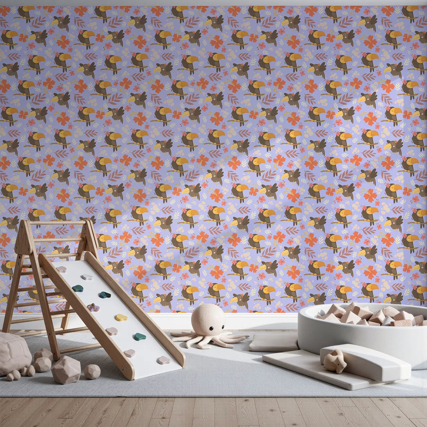 Front view of Whimsy Tots' Tropical Toucan Friends Wallpaper in Lavender