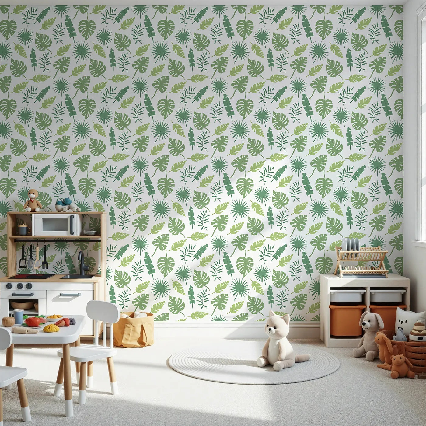 Front view of Whimsy Tots' Tropical Leaf Mix Wallpaper in White