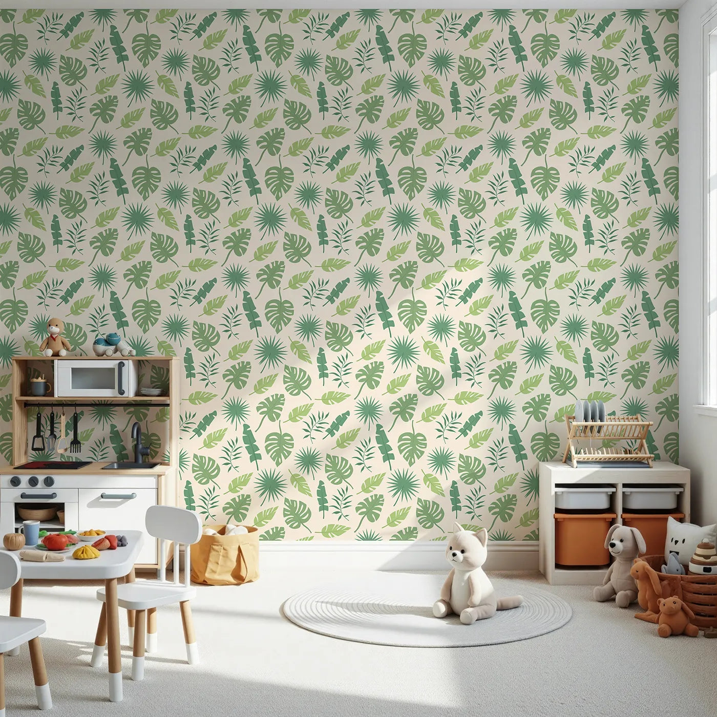 Front view of Whimsy Tots' Tropical Leaf Mix Wallpaper in Cream