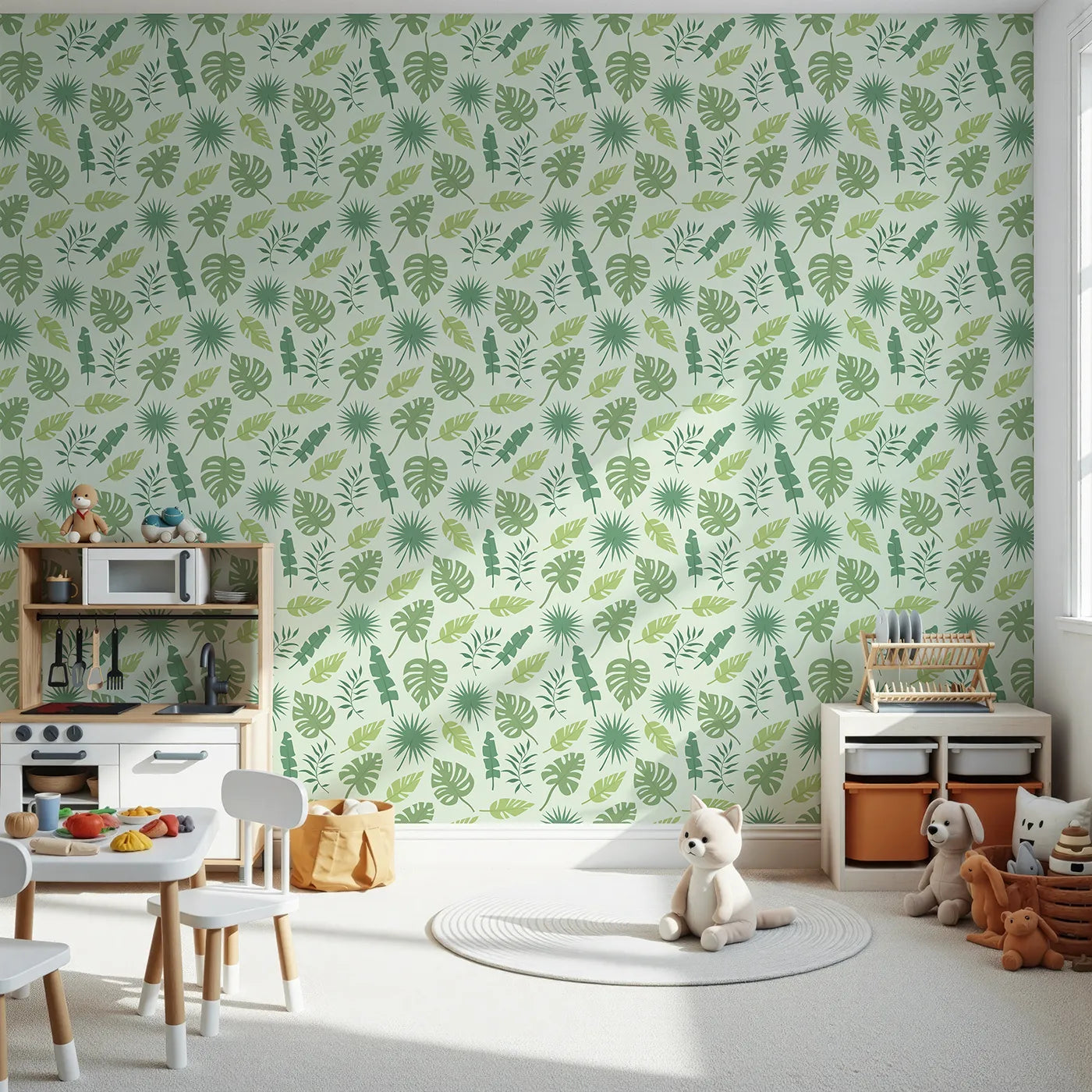 Front view of Whimsy Tots' Tropical Leaf Mix Wallpaper in Mint Green