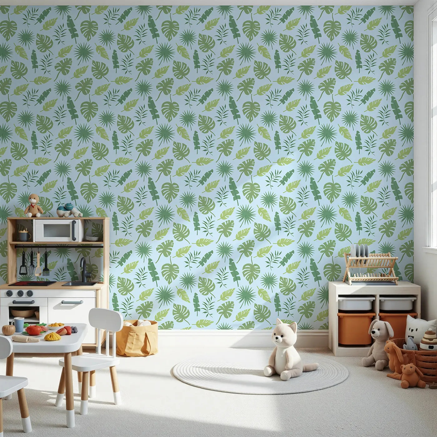 Front view of Whimsy Tots' Tropical Leaf Mix Wallpaper in Blue