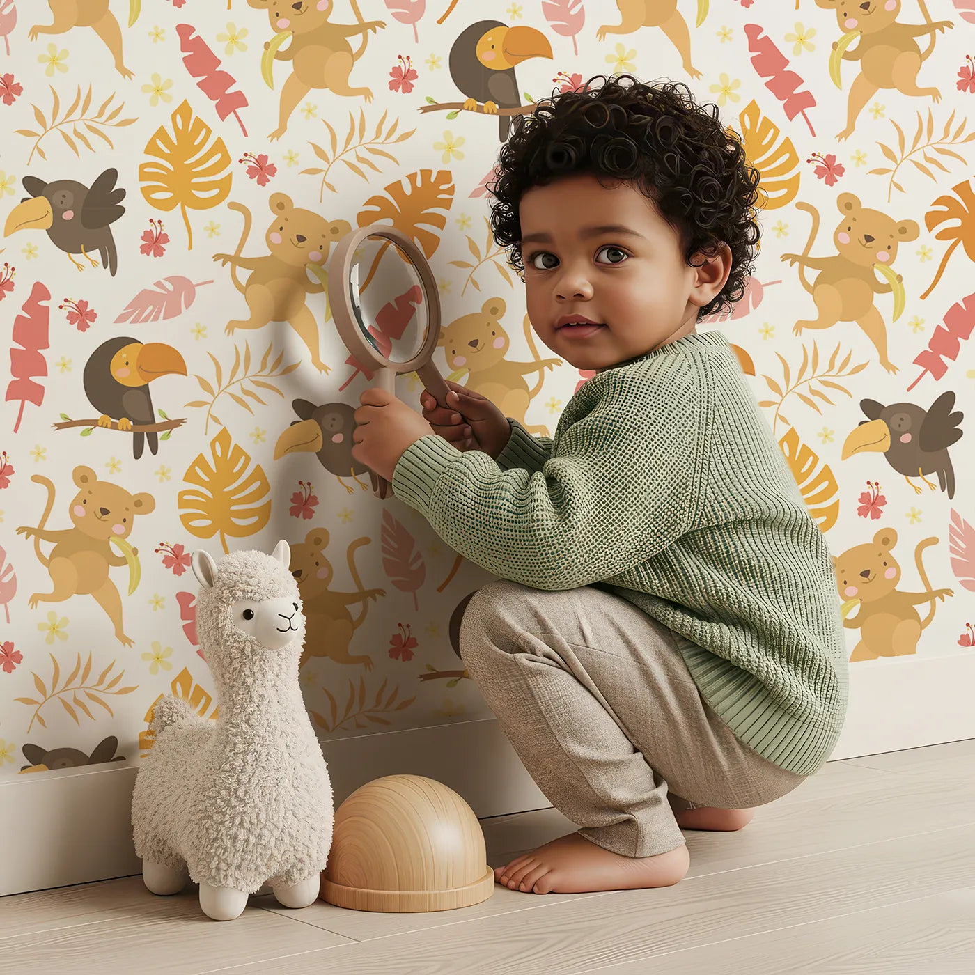 Lovely child standing in front of Whimsy Tots Monkey Banana Jungle Wallpaper in White with monkey, toucan, banana, leaf, flower in design.