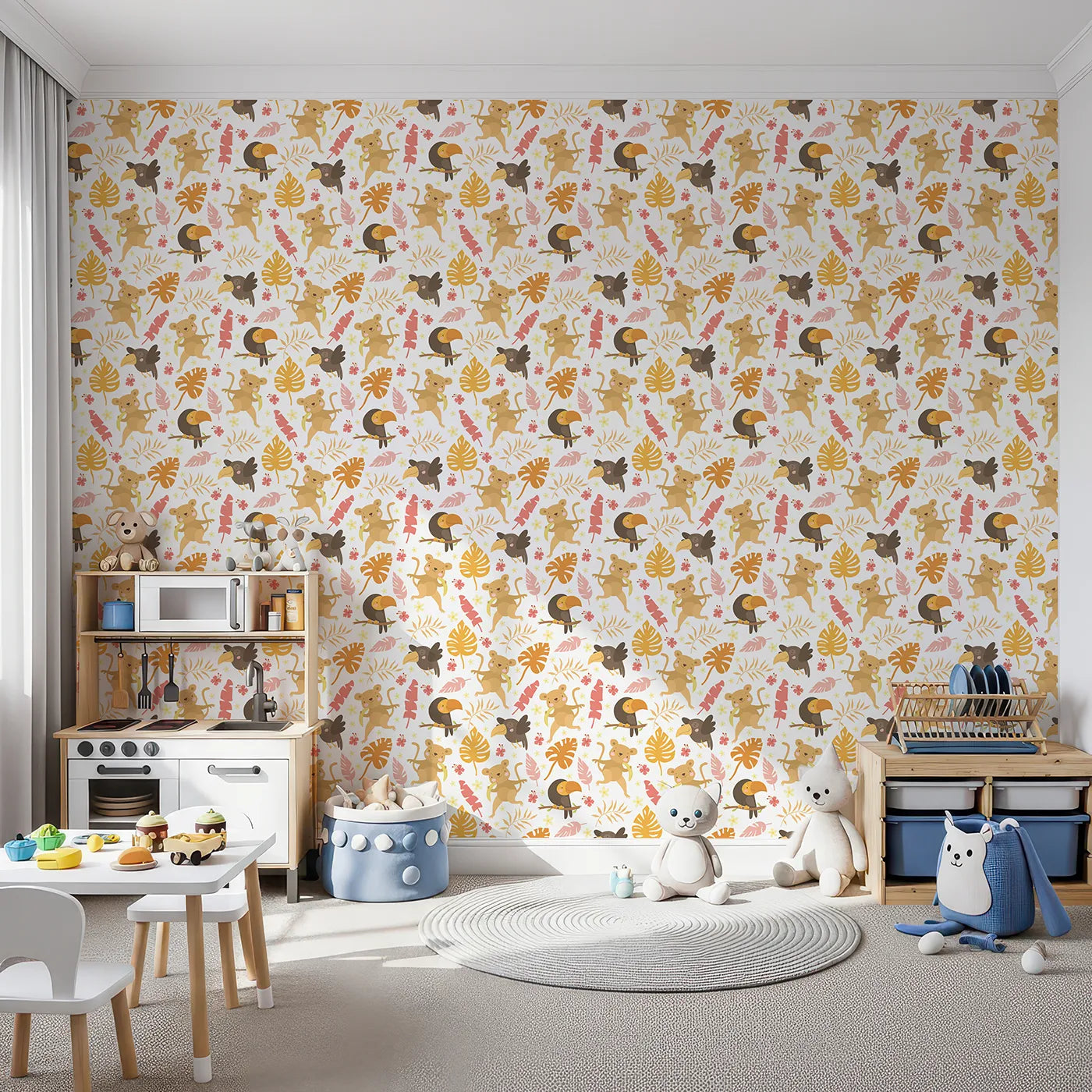 Front view of Whimsy Tots' Monkey Banana Jungle Wallpaper in White