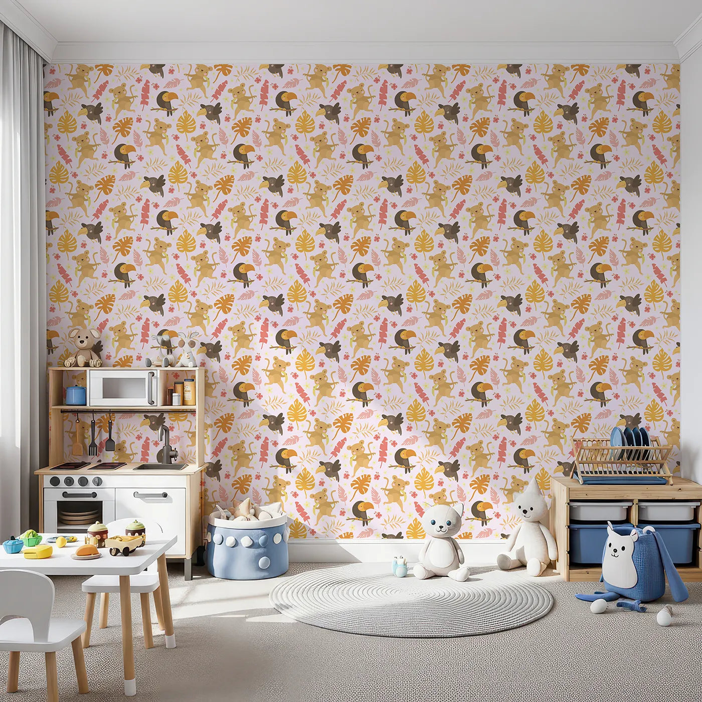 Front view of Whimsy Tots' Monkey Banana Jungle Wallpaper in Pink