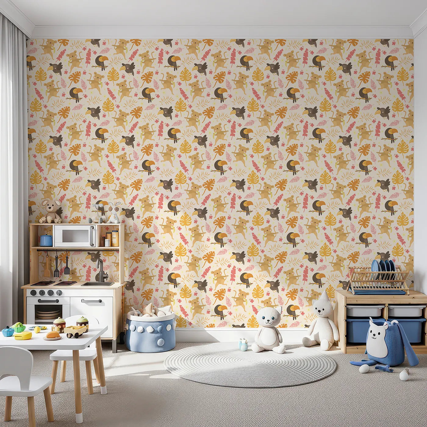 Front view of Whimsy Tots' Monkey Banana Jungle Wallpaper in Cream