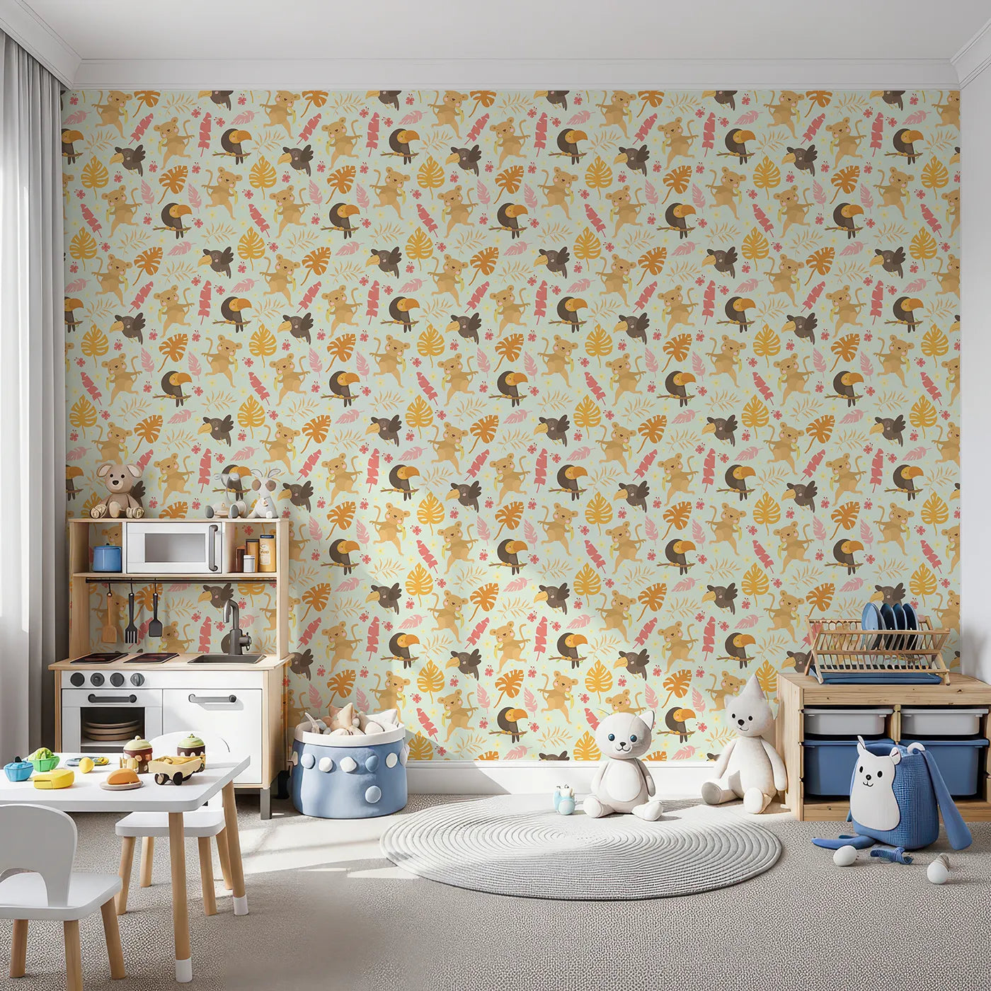 Front view of Whimsy Tots' Monkey Banana Jungle Wallpaper in Mint Green