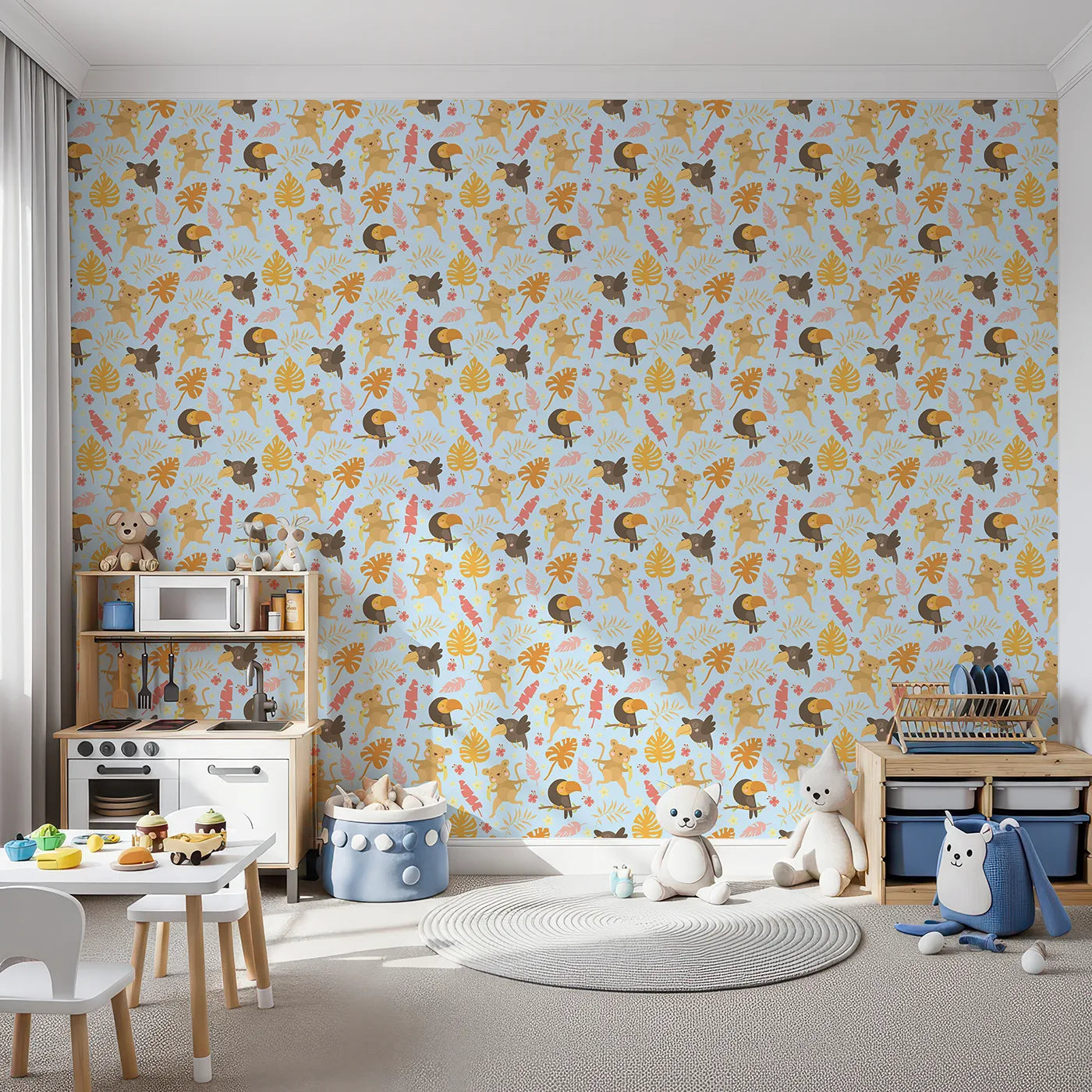 Front view of Whimsy Tots' Monkey Banana Jungle Wallpaper in Sky Blue
