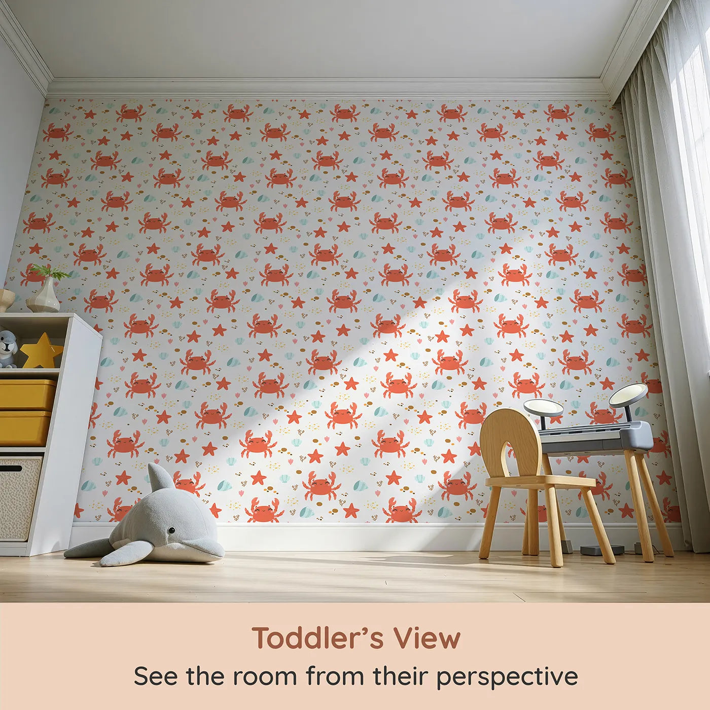 Whimsy Tots Crabby Coral Dance Wallpaper in White (W3190A) from your child's view.Smiley crabs and playful starfish create a sunny undersea celebration.