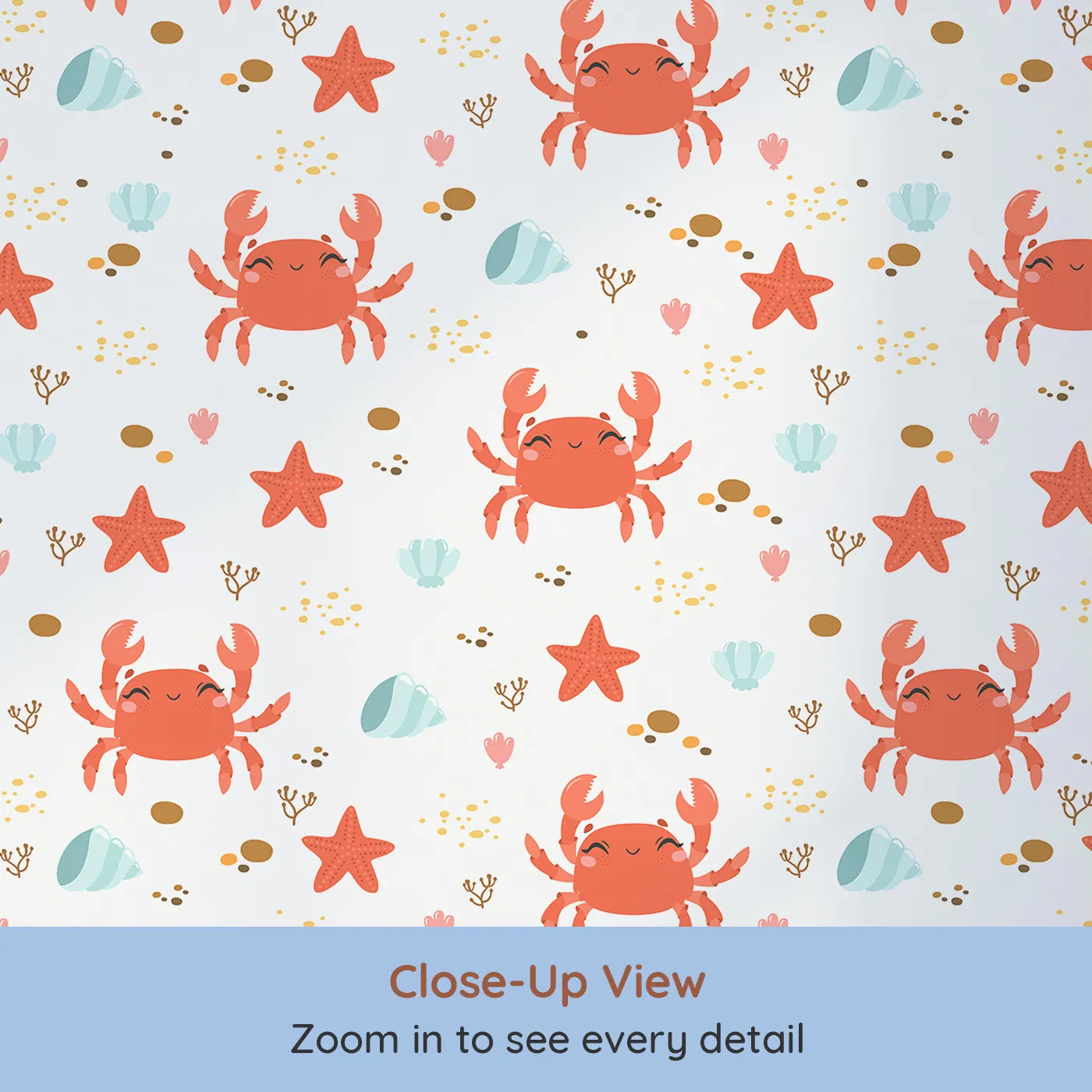 Close-up view of Whimsy Tots' Crabby Coral Dance Wallpaper in White (W3190A).Smiley crabs and playful starfish create a sunny undersea celebration.