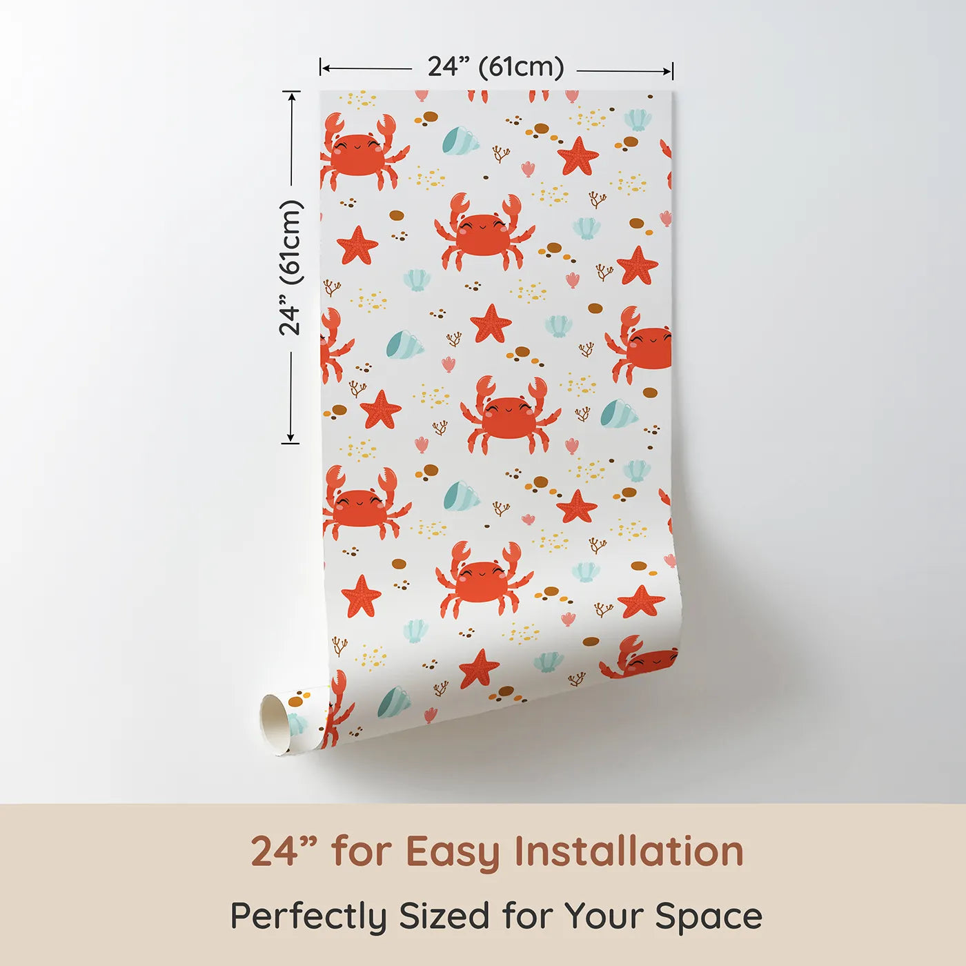 Dimension view of Whimsy Tots Crabby Coral Dance Wallpaper in White (W3190A). Printed in 24-inch-wide panel for easy installation. Smiley crabs and playful starfish create a sunny undersea celebration.