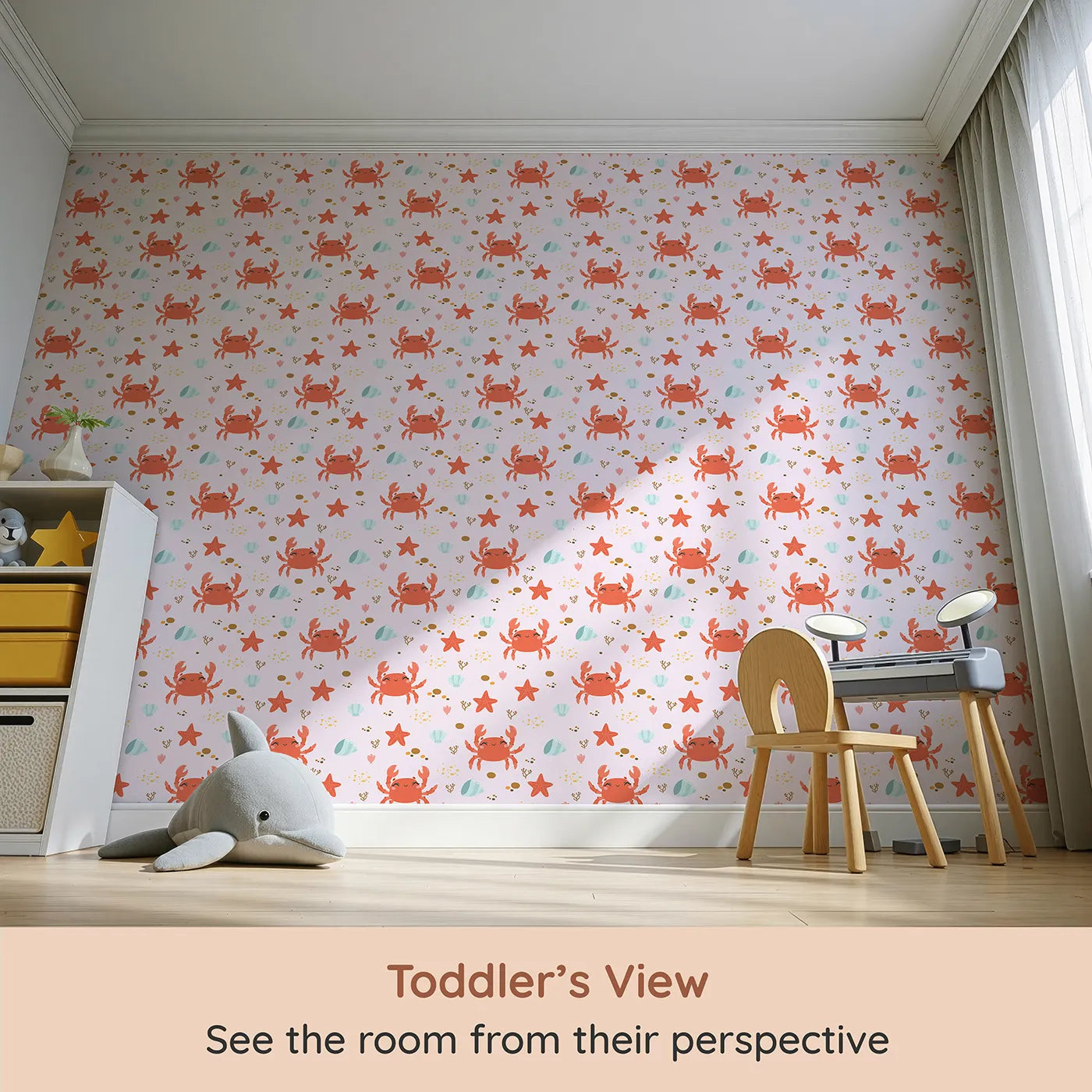 Whimsy Tots Crabby Coral Dance Wallpaper in Blush Pink (W3190B) from your child's view.Smiley crabs and playful starfish create a sunny undersea celebration.