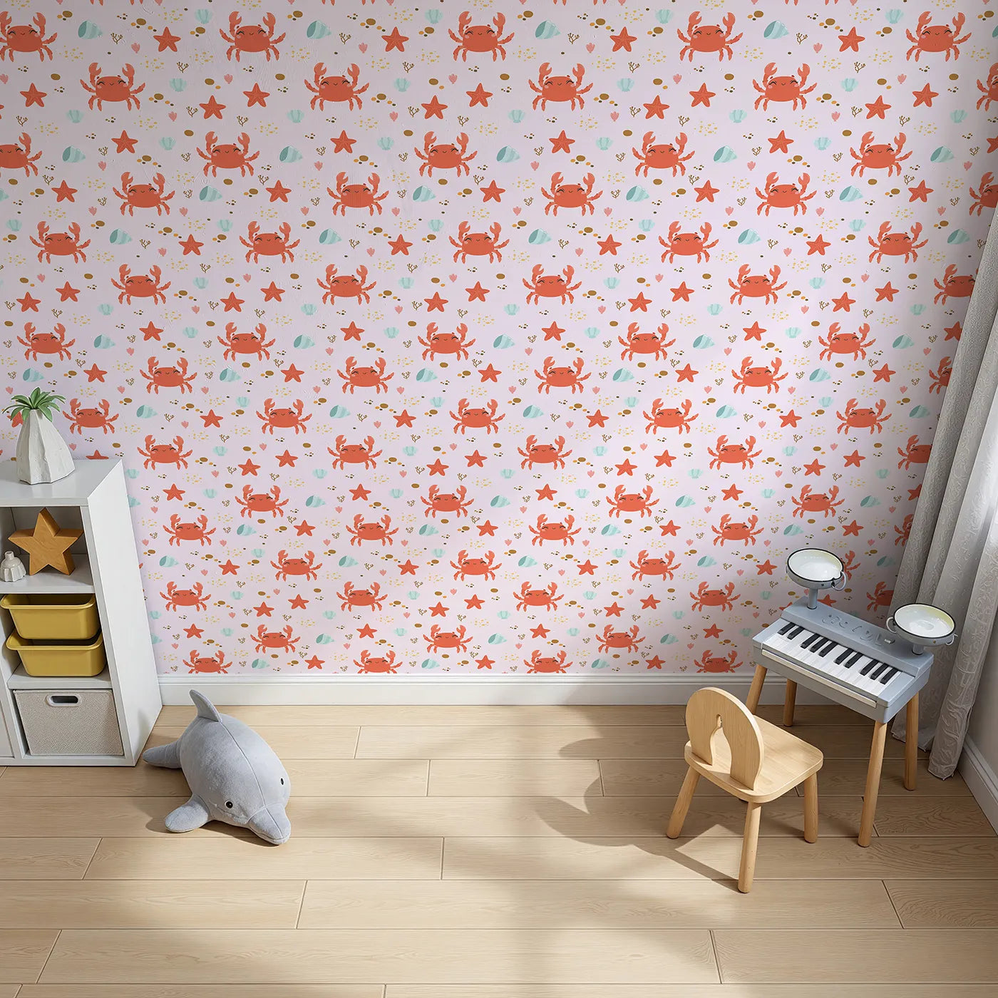 Top-Down view of Whimsy Tots' Crabby Coral Dance Wallpaper in Blush Pink (W3190B).Smiley crabs and playful starfish create a sunny undersea celebration.