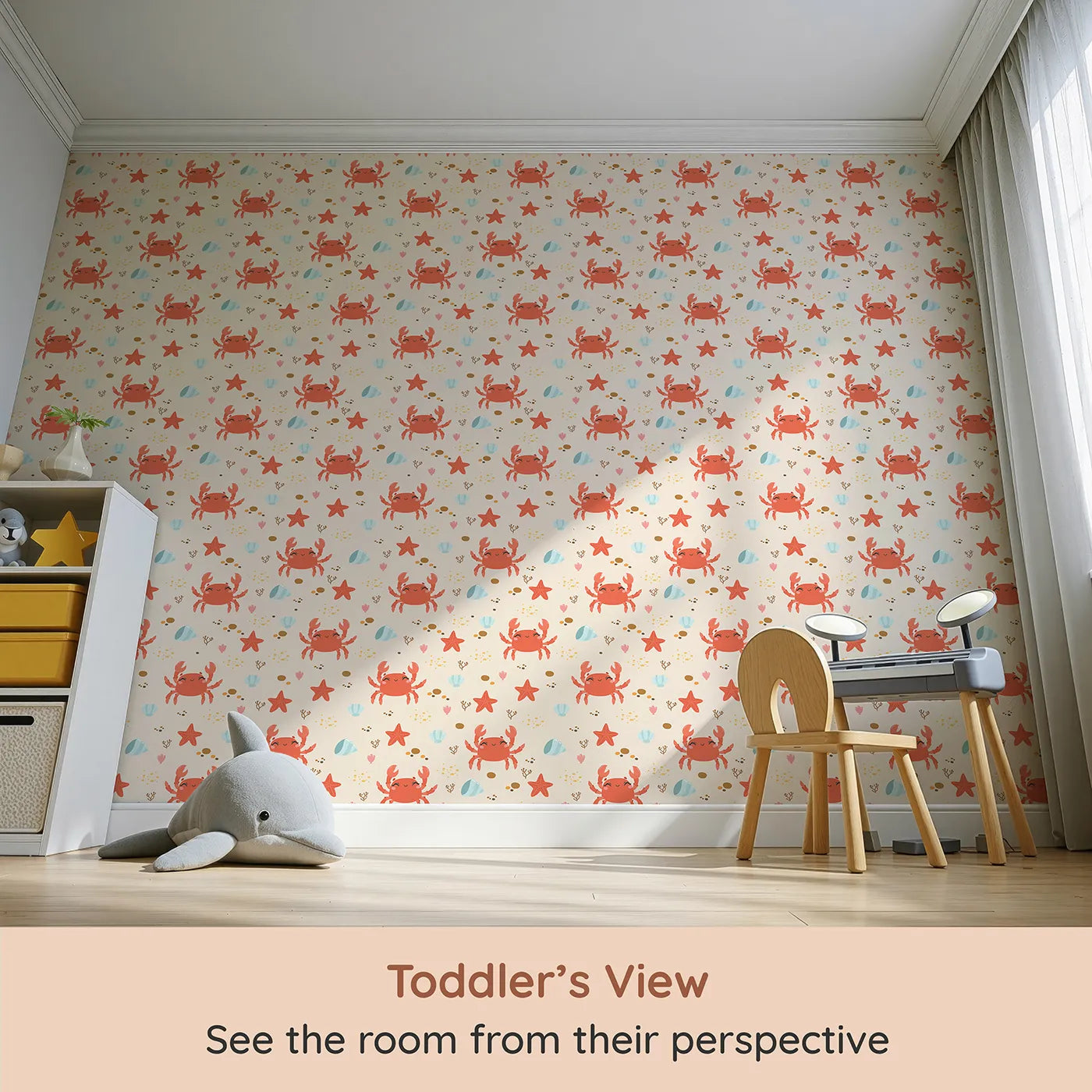 Whimsy Tots Crabby Coral Dance Wallpaper in Sand (W3190C) from your child's view.Smiley crabs and playful starfish create a sunny undersea celebration.