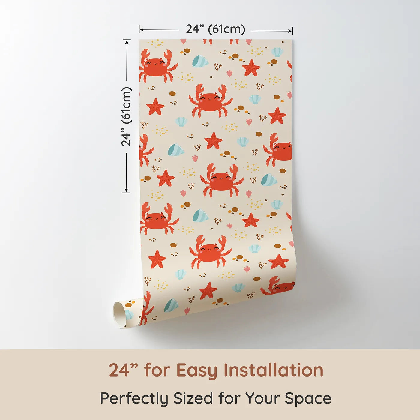 Dimension view of Whimsy Tots Crabby Coral Dance Wallpaper in Sand (W3190C). Printed in 24-inch-wide panel for easy installation. Smiley crabs and playful starfish create a sunny undersea celebration.