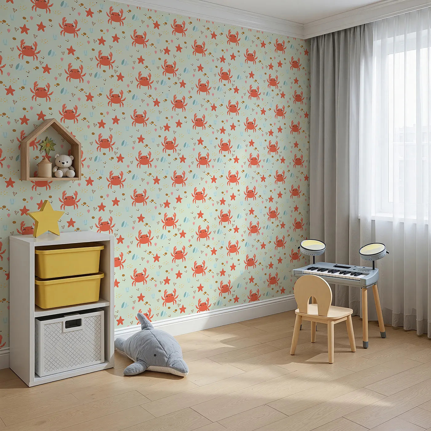 Angled view of Whimsy Tots' Crabby Coral Dance Wallpaper in Mint Green (W3190D).Smiley crabs and playful starfish create a sunny undersea celebration.