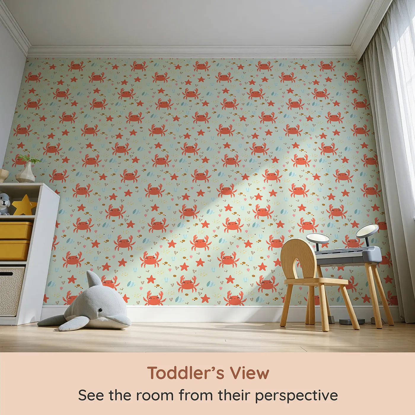 Whimsy Tots Crabby Coral Dance Wallpaper in Mint Green (W3190D) from your child's view.Smiley crabs and playful starfish create a sunny undersea celebration.