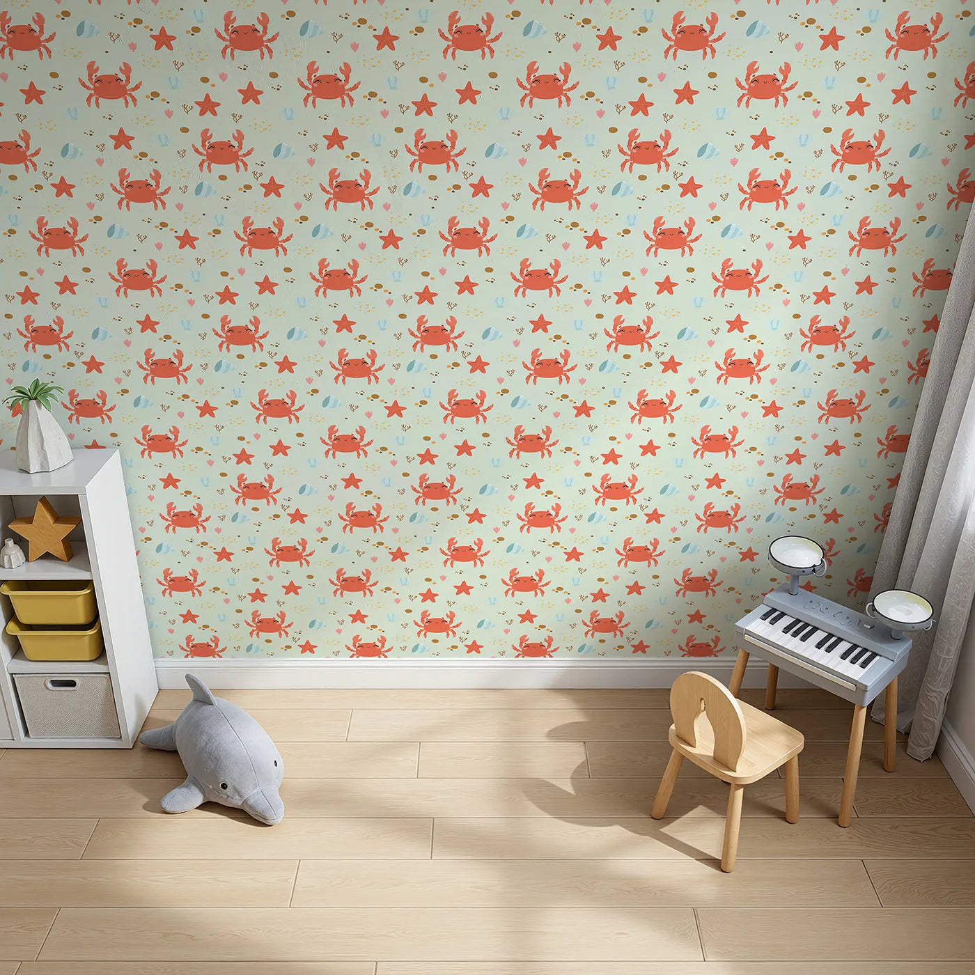 Top-Down view of Whimsy Tots' Crabby Coral Dance Wallpaper in Mint Green (W3190D).Smiley crabs and playful starfish create a sunny undersea celebration.