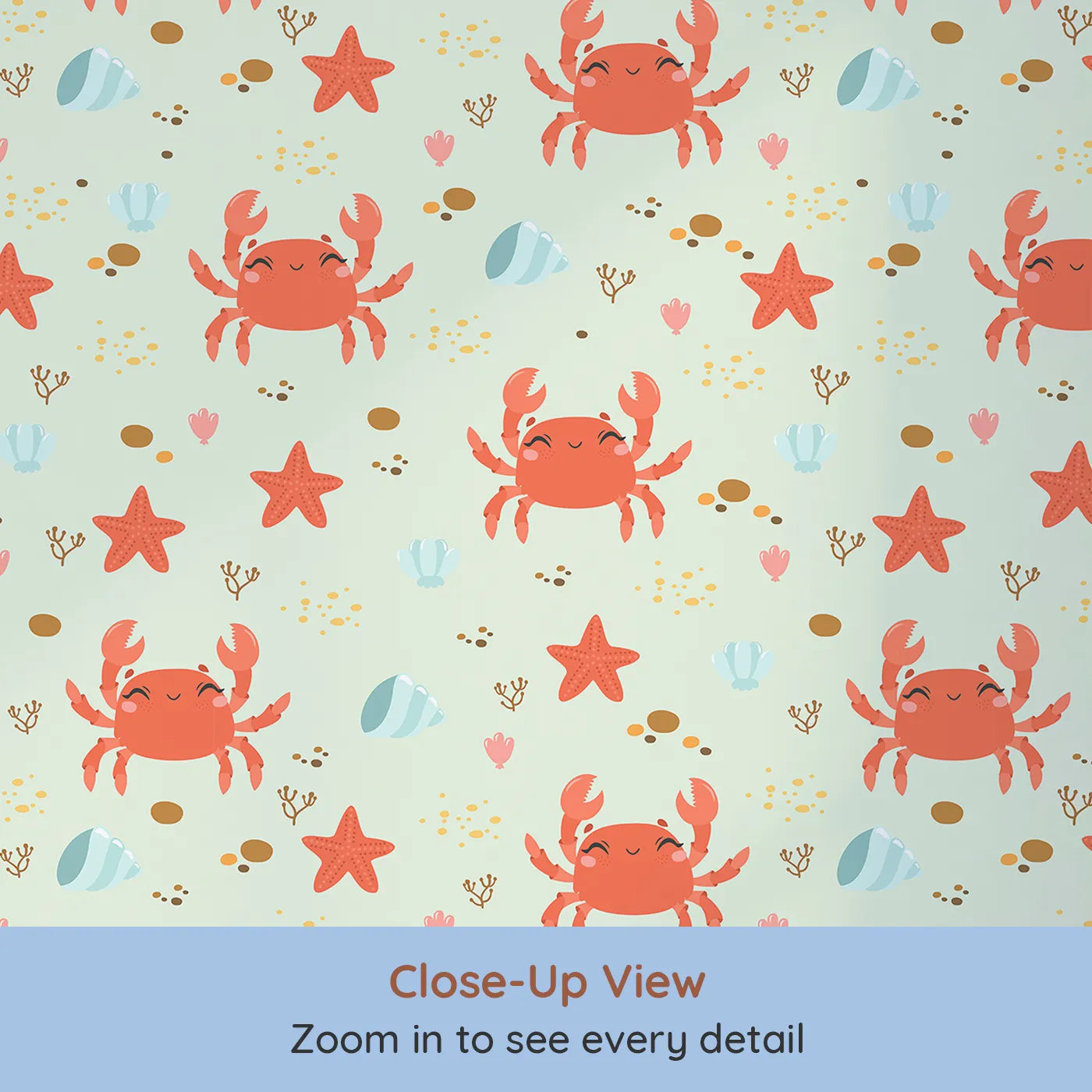 Close-up view of Whimsy Tots' Crabby Coral Dance Wallpaper in Mint Green (W3190D).Smiley crabs and playful starfish create a sunny undersea celebration.