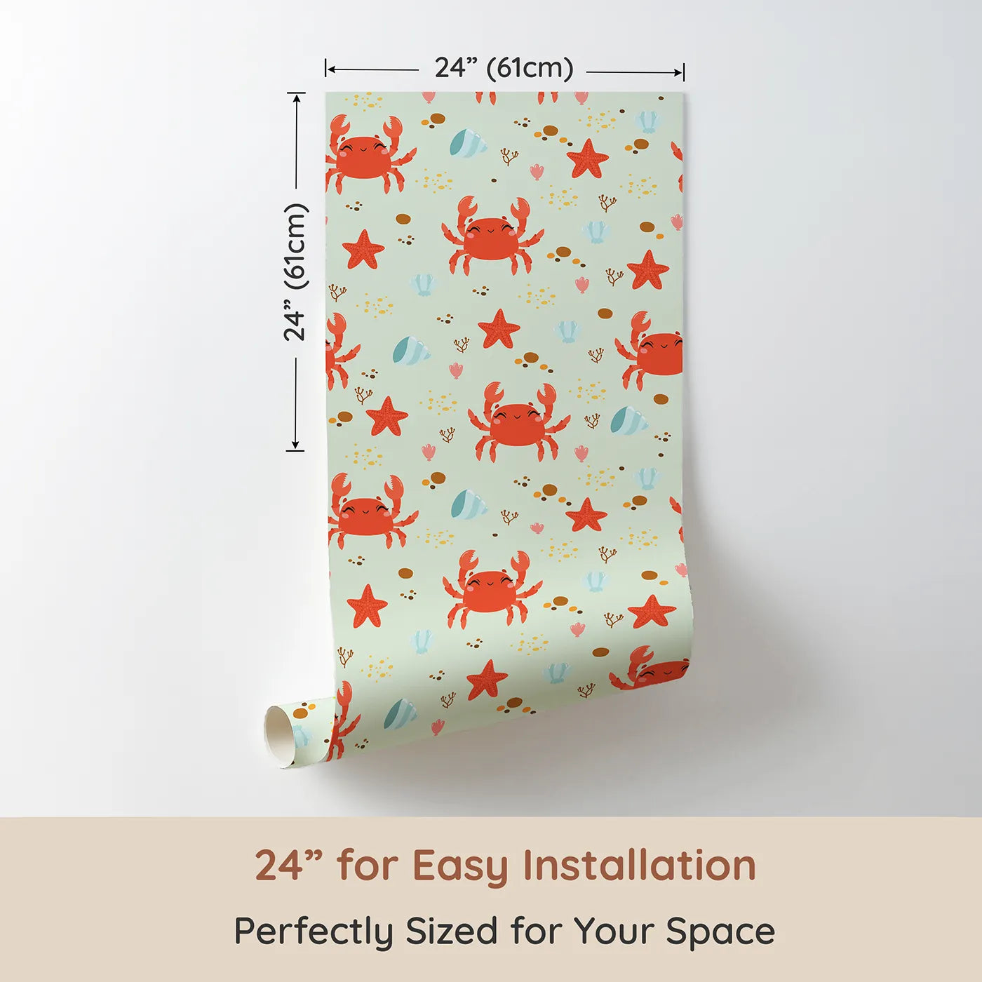 Dimension view of Whimsy Tots Crabby Coral Dance Wallpaper in Mint Green (W3190D). Printed in 24-inch-wide panel for easy installation. Smiley crabs and playful starfish create a sunny undersea celebration.