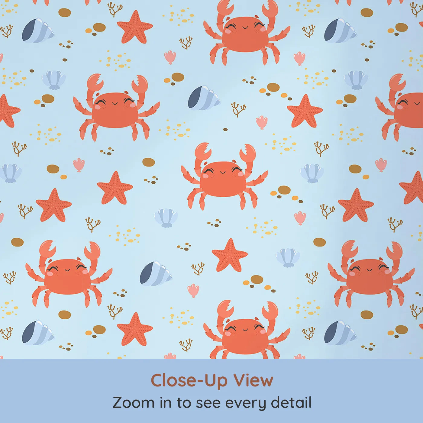 Close-up view of Whimsy Tots' Crabby Coral Dance Wallpaper in Sky Blue (W3190E).Smiley crabs and playful starfish create a sunny undersea celebration.