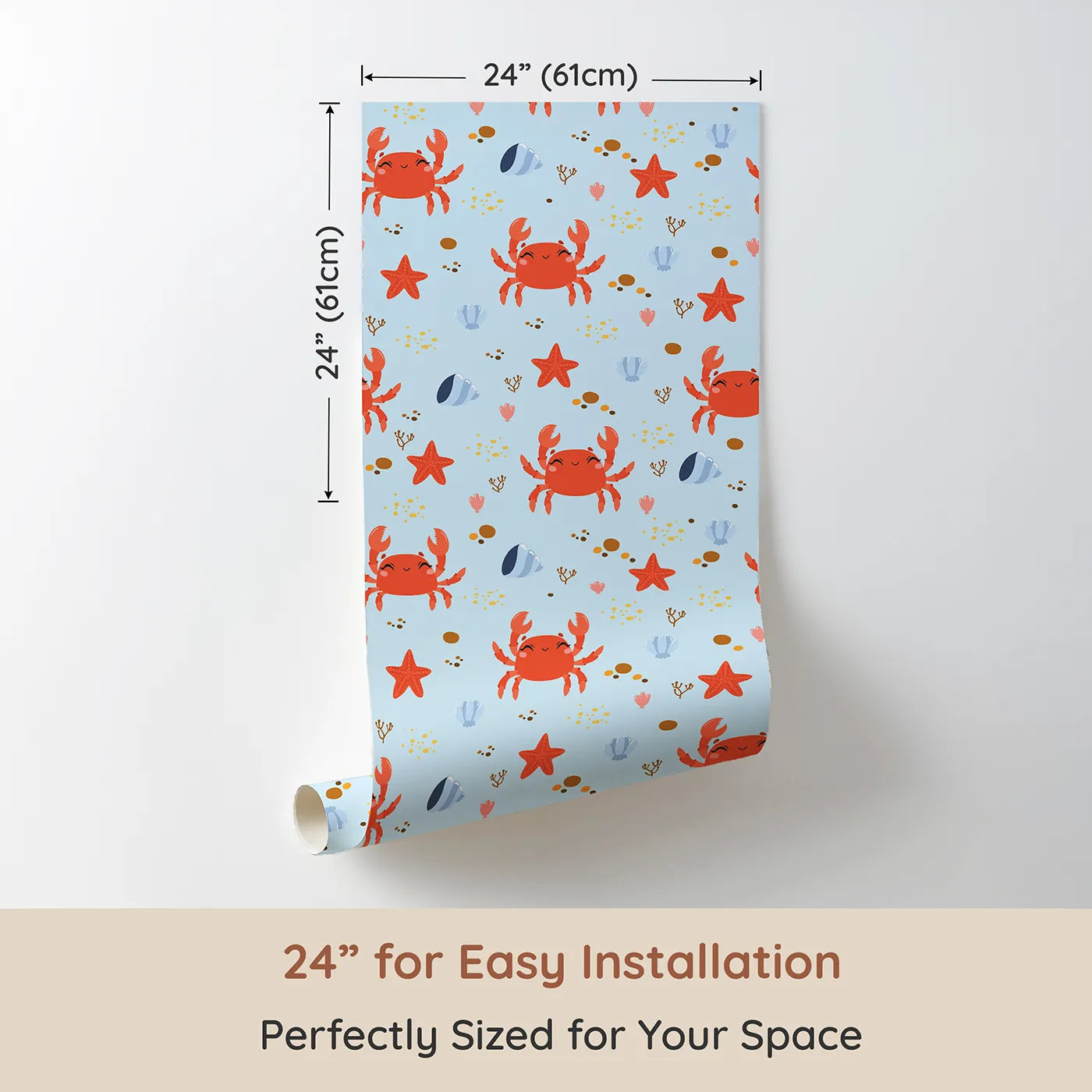 Dimension view of Whimsy Tots Crabby Coral Dance Wallpaper in Sky Blue (W3190E). Printed in 24-inch-wide panel for easy installation. Smiley crabs and playful starfish create a sunny undersea celebration.