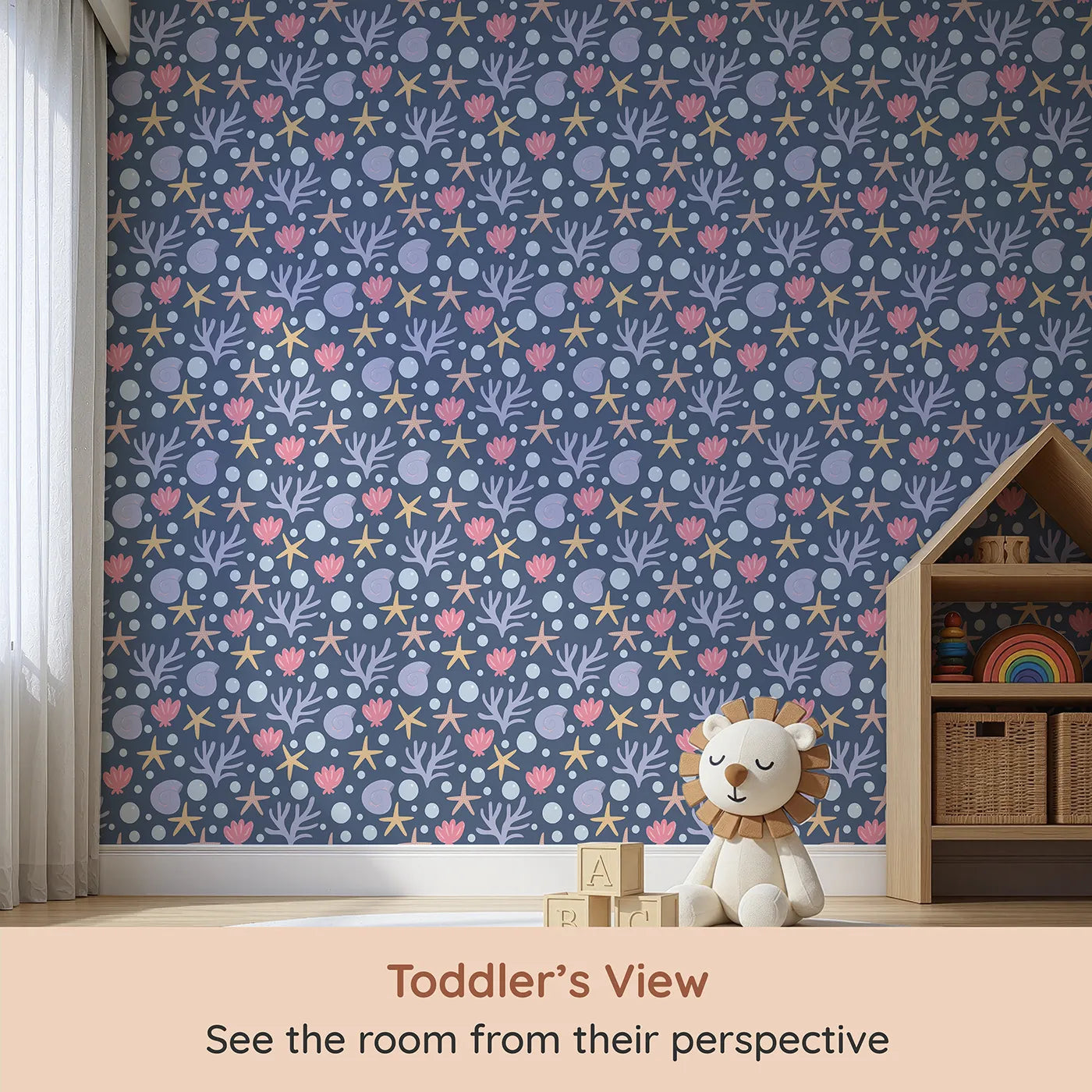 Whimsy Tots Starry Coral Garden Wallpaper in Deep Navy Blue (W3191B) from your child's view.Gentle corals, starfish, and sea shells drift softly in twilight waters.