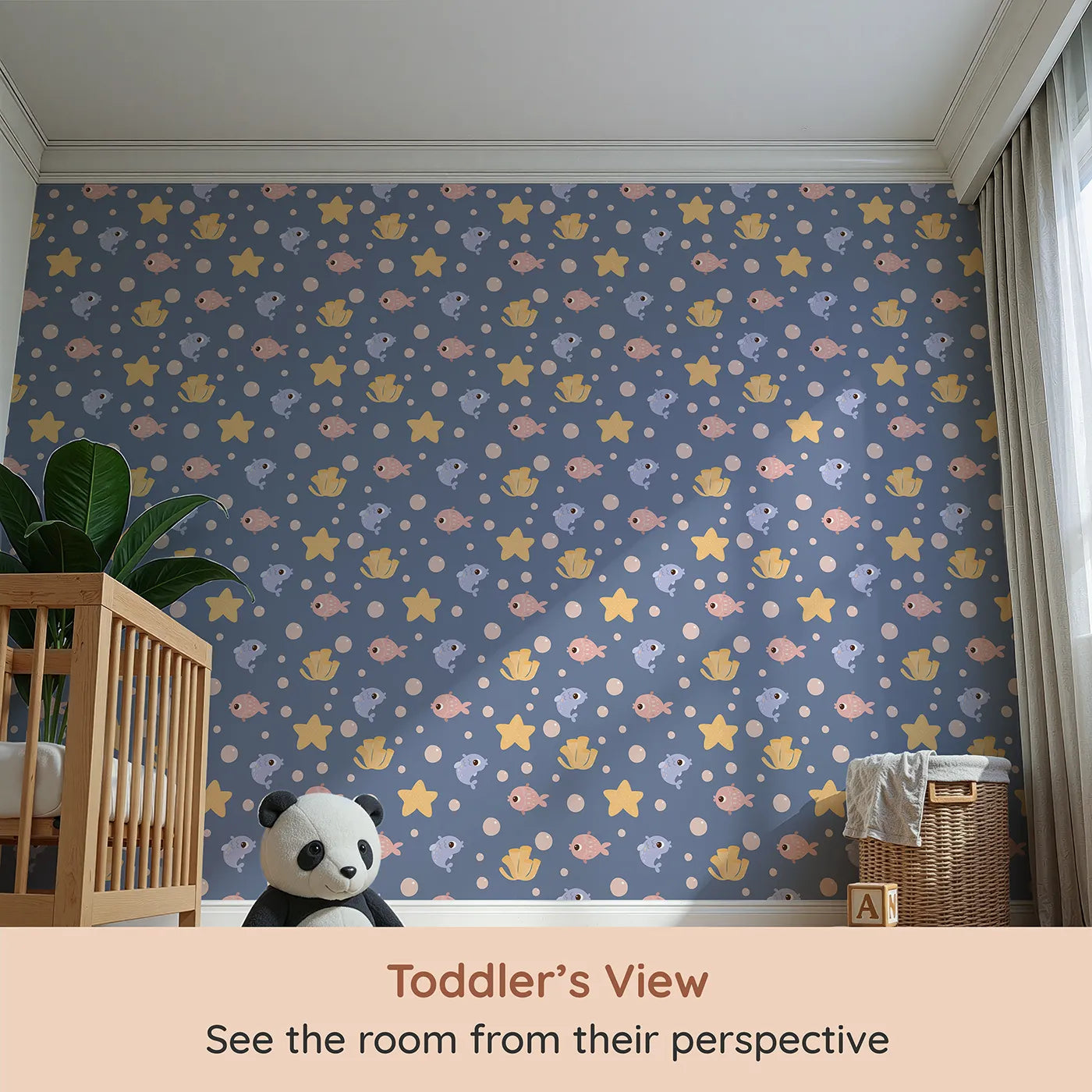 Whimsy Tots Bubblefish Coral Drift Wallpaper in Twilight Blue (W3193A) from your child's view.Smiley fish, coral tubes, and sea stars drift softly through bubble-filled seas.