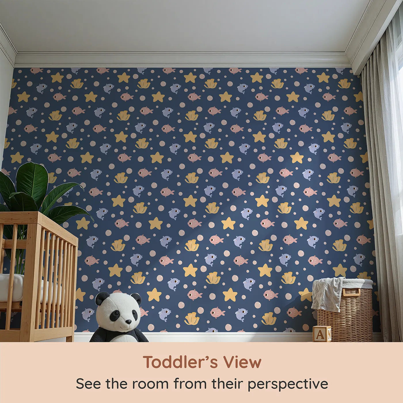 Whimsy Tots Bubblefish Coral Drift Wallpaper in Midnight Blue (W3193B) from your child's view.Smiley fish, coral tubes, and sea stars drift softly through bubble-filled seas.