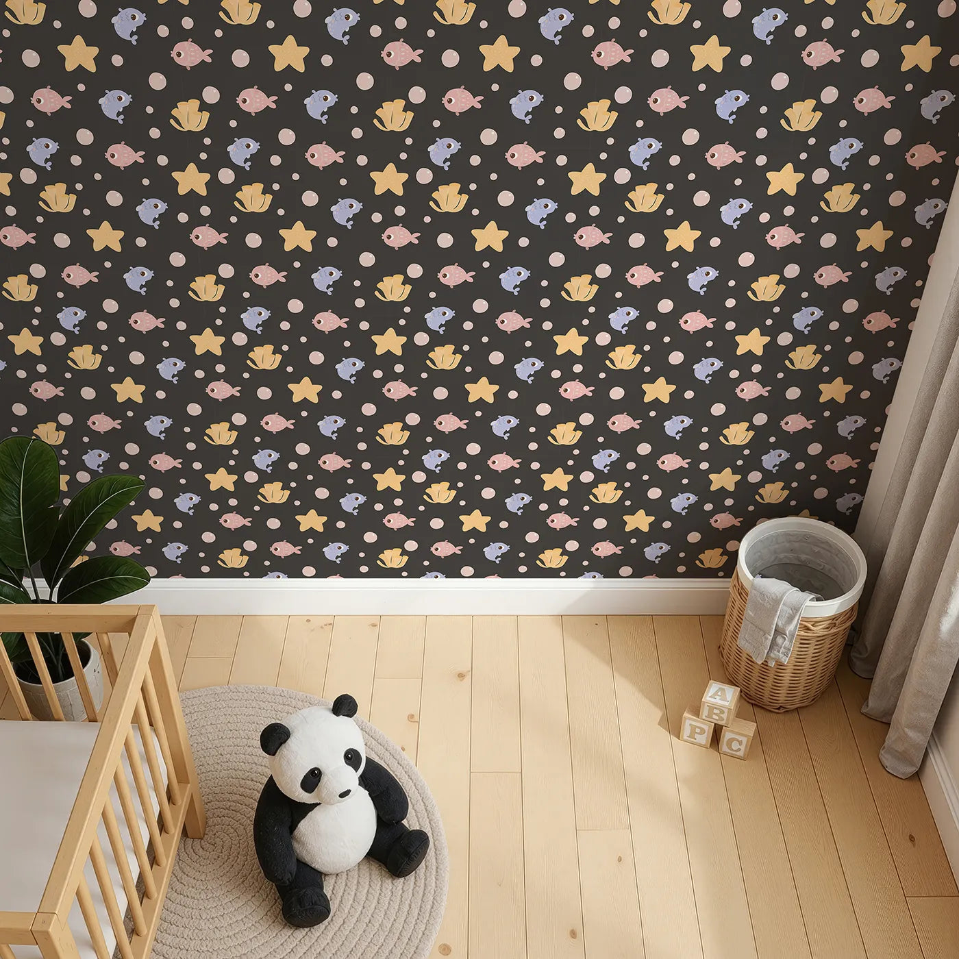 Top-Down view of Whimsy Tots' Bubblefish Coral Drift Wallpaper in Charcoal Gray (W3193C).Smiley fish, coral tubes, and sea stars drift softly through bubble-filled seas.