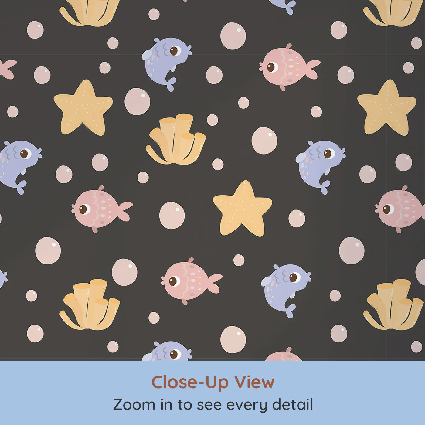 Close-up view of Whimsy Tots' Bubblefish Coral Drift Wallpaper in Charcoal Gray (W3193C).Smiley fish, coral tubes, and sea stars drift softly through bubble-filled seas.