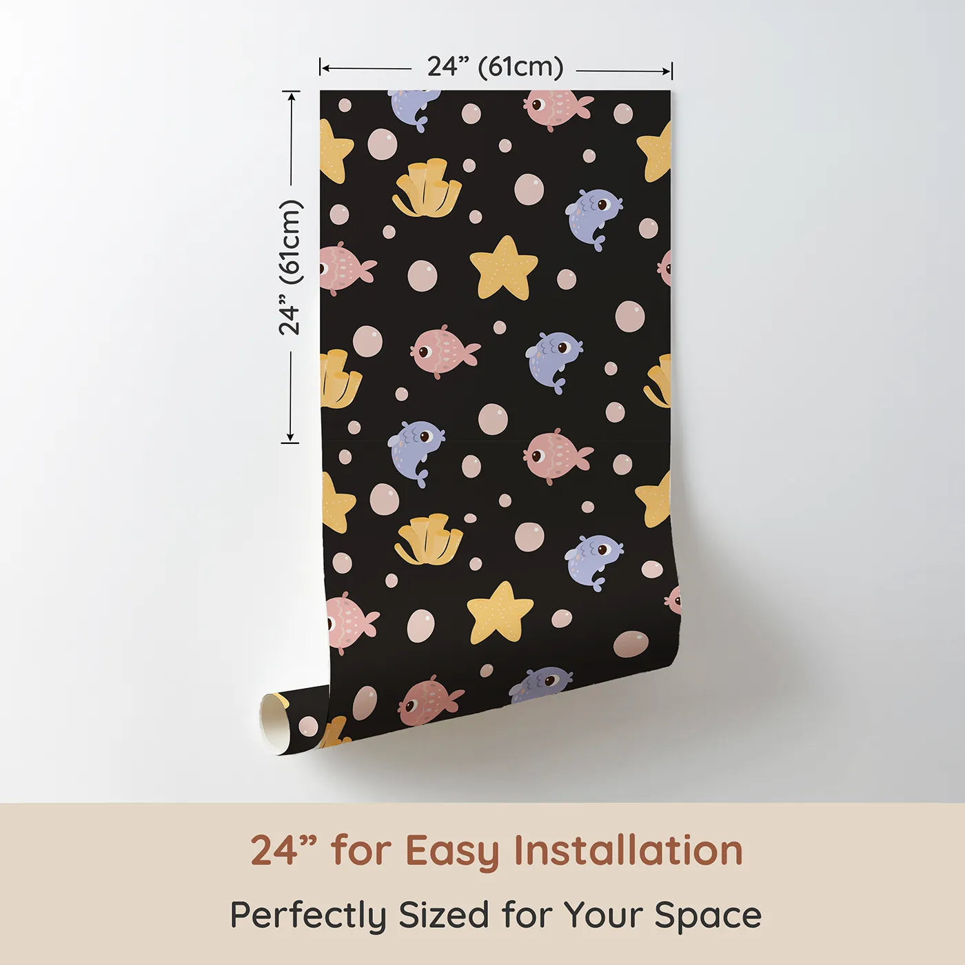 Dimension view of Whimsy Tots Bubblefish Coral Drift Wallpaper in Charcoal Gray (W3193C). Printed in 24-inch-wide panel for easy installation. Smiley fish, coral tubes, and sea stars drift softly through bubble-filled seas.