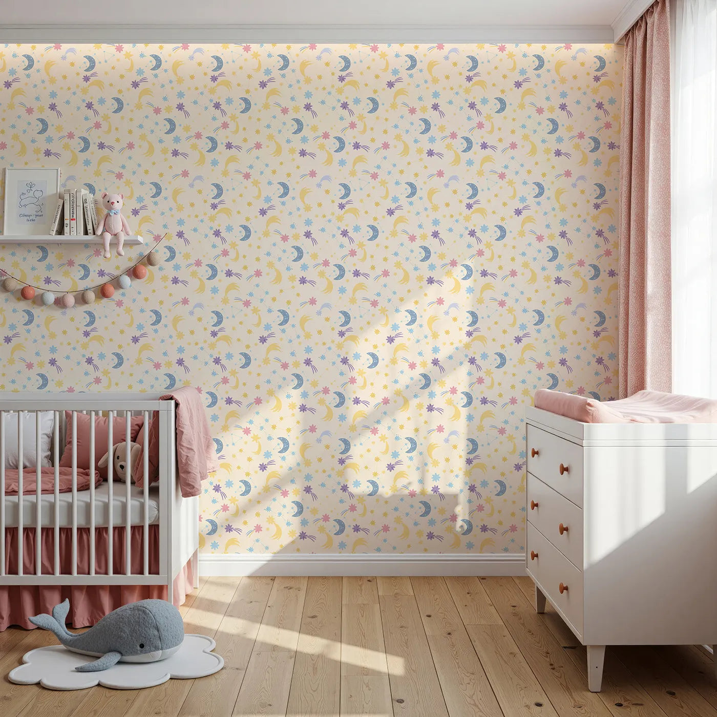 Front view of Whimsy Tots' Starlit Wishes Wallpaper in Vanilla