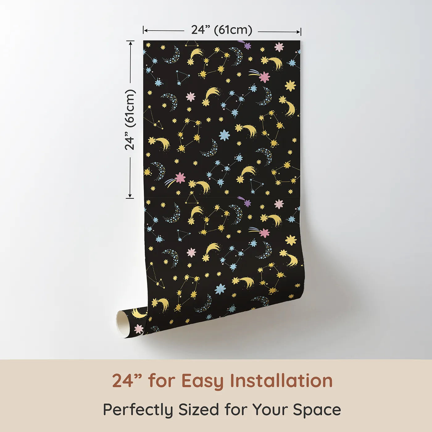 Dimension view of Whimsy Tots Starglow Constellation Dance Wallpaper in Charcoal Gray (W3198C). Printed in 24-inch-wide panel for easy installation. Moons, constellations, and glittering bursts swirl in a magical starlit sky.
