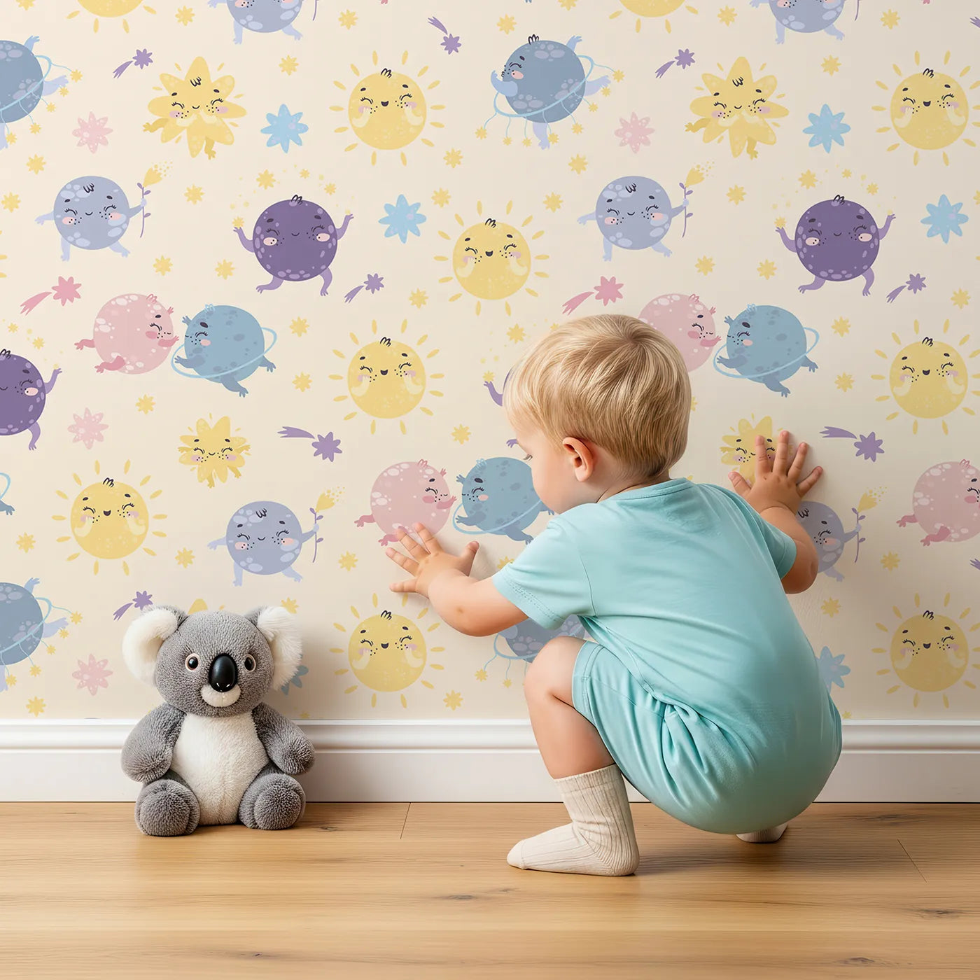 Lovely child standing in front of Whimsy Tots Planet Pals Orbit Parade Wallpaper in Cream with planet, sun, moon, star, comet in design.