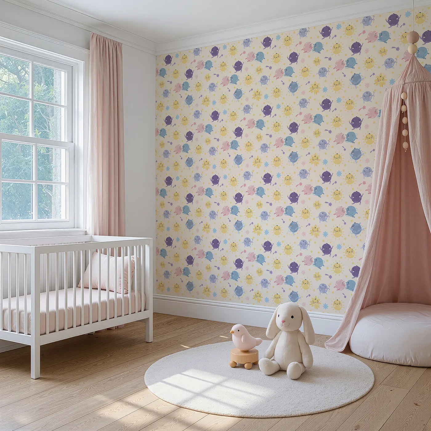 Angled view of Whimsy Tots' Planet Pals Orbit Parade Wallpaper in Cream (W3199B).Dancing planets, smiling suns, and pastel comets twirl in a joyful galaxy.