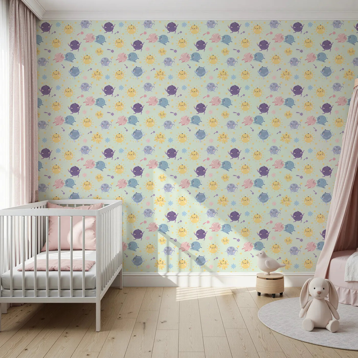 Front view of Whimsy Tots' Planet Pals Orbit Parade Wallpaper in Mint Green
