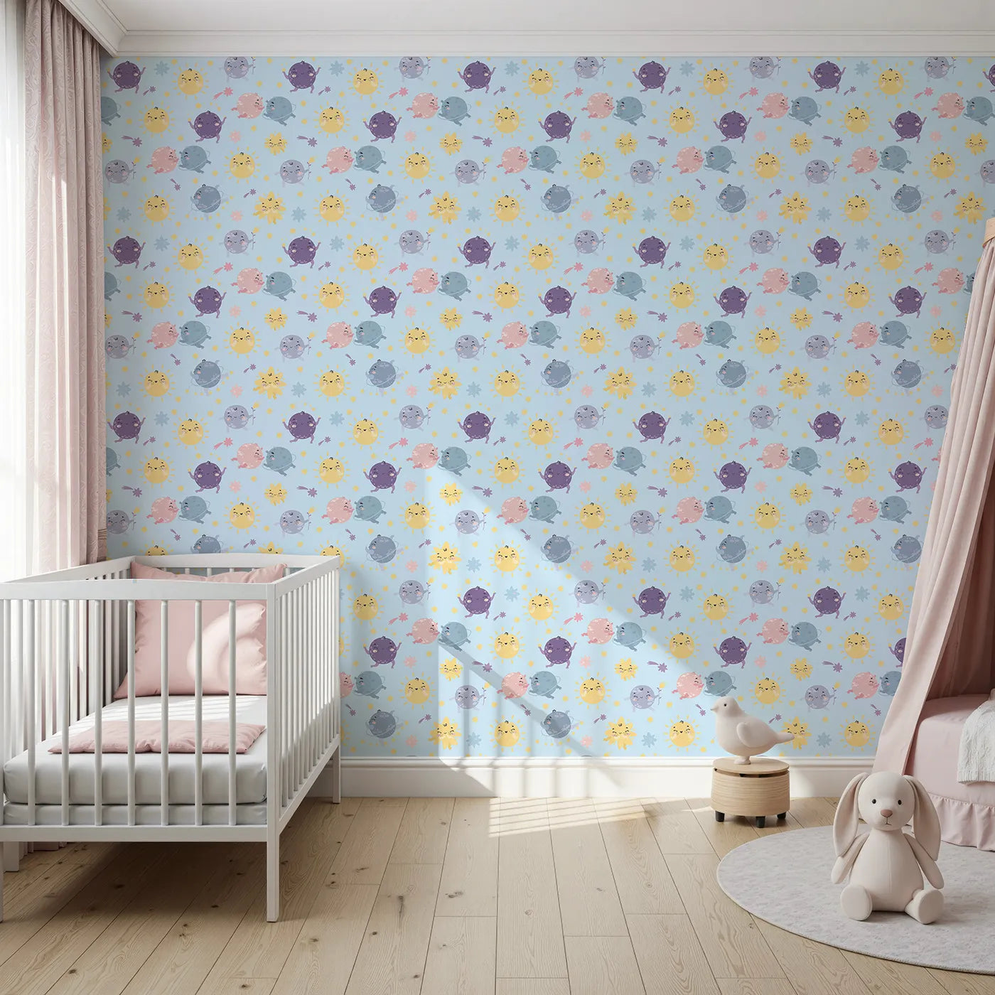 Front view of Whimsy Tots' Planet Pals Orbit Parade Wallpaper in Sky Blue