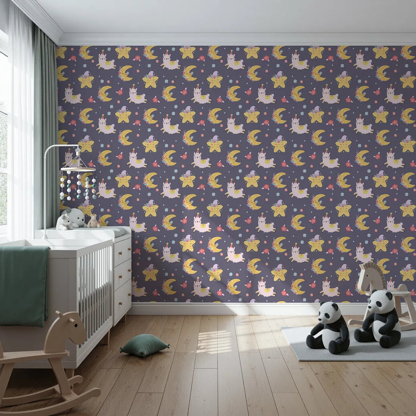 Front view of Whimsy Tots' Llama Moon Parade Wallpaper in Twilight Plum