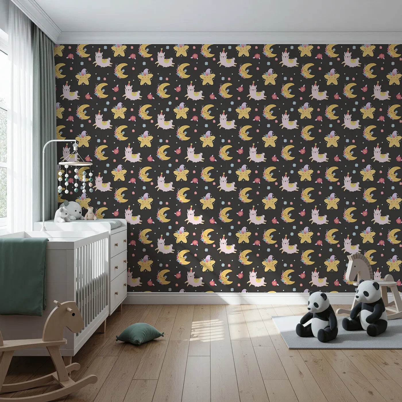 Front view of Whimsy Tots' Llama Moon Parade Wallpaper in Midnight Black