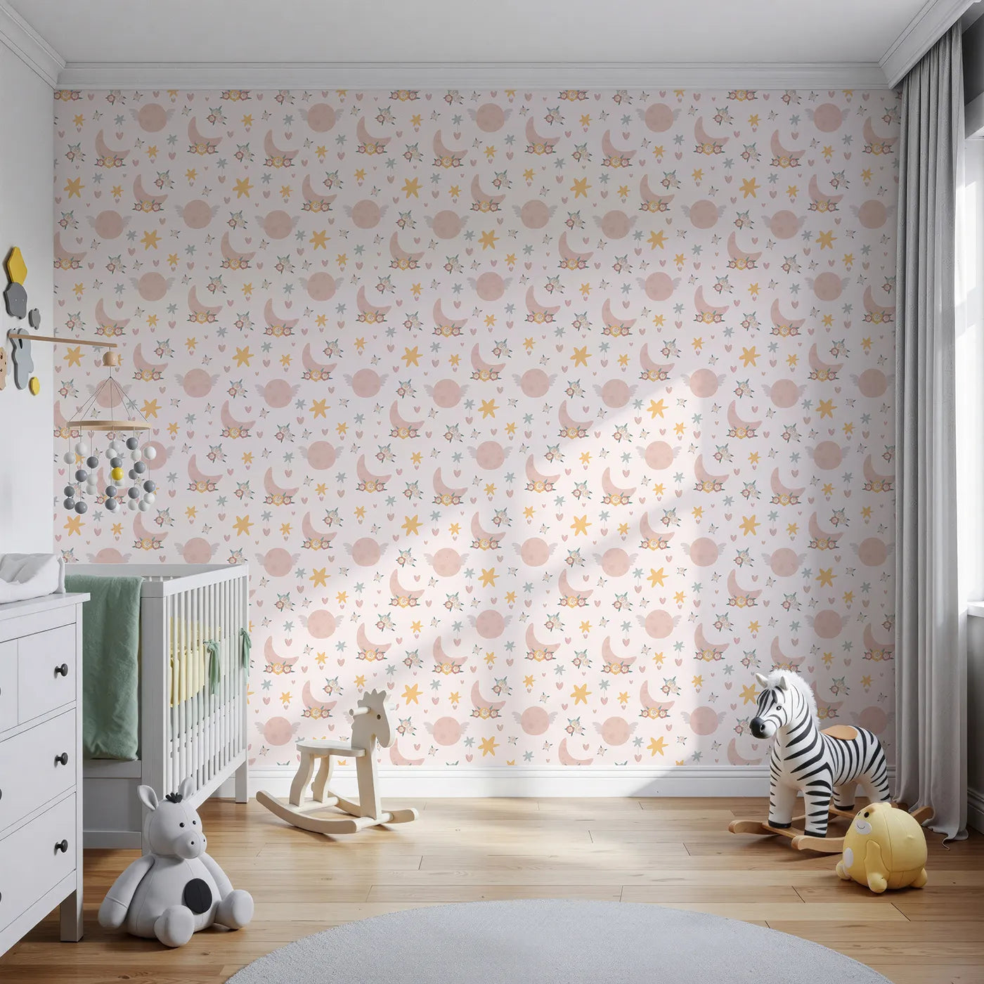 Front view of Whimsy Tots' Celestial Petal Dreams Wallpaper in Soft Blush Pink