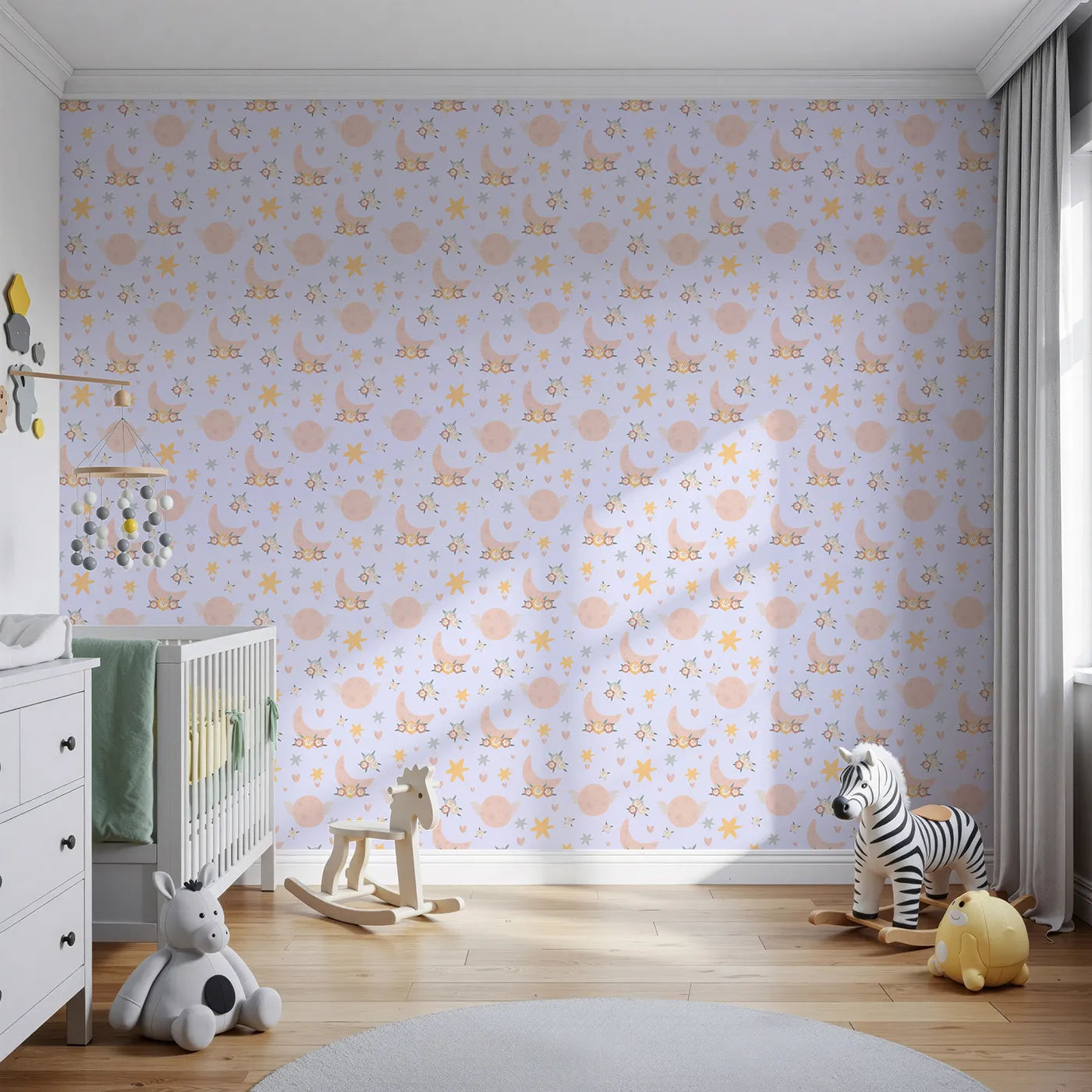 Front view of Whimsy Tots' Celestial Petal Dreams Wallpaper in Lavender Mist