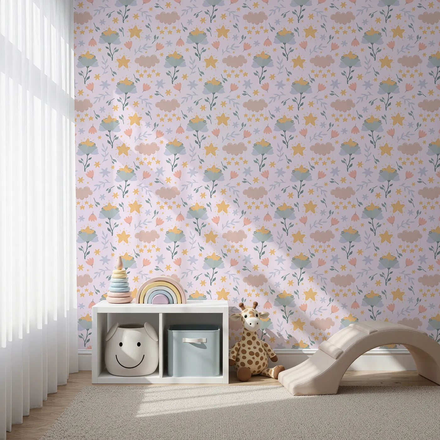 Front view of Whimsy Tots' Starlight Blossom Dreams Wallpaper in Petal Pink